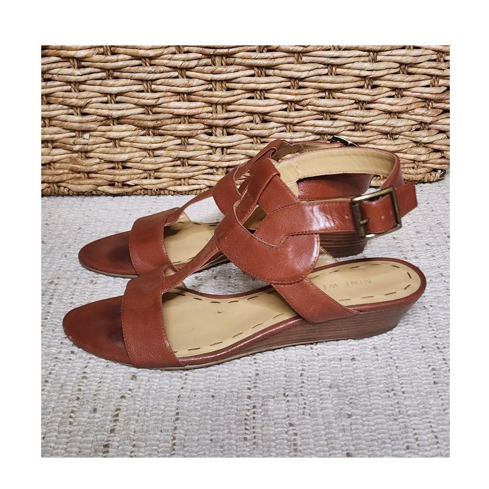 Nine West Voodoo Leather Sandal‎ Brown Tan 7M Wedge Heel Summer Open Toe Ankle
